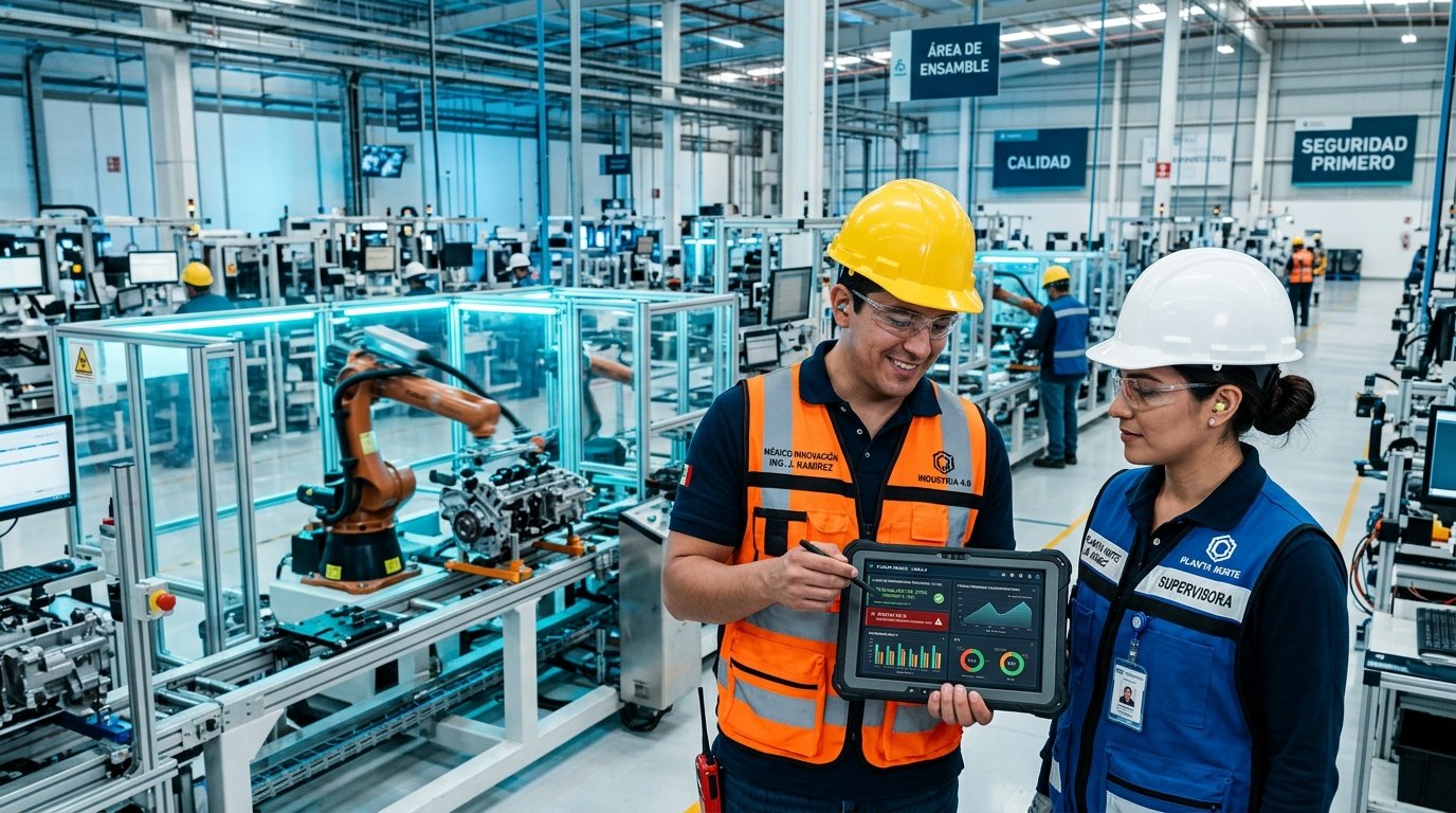 Ingenieros supervisando digitalización de bitácoras de producción en planta con IA